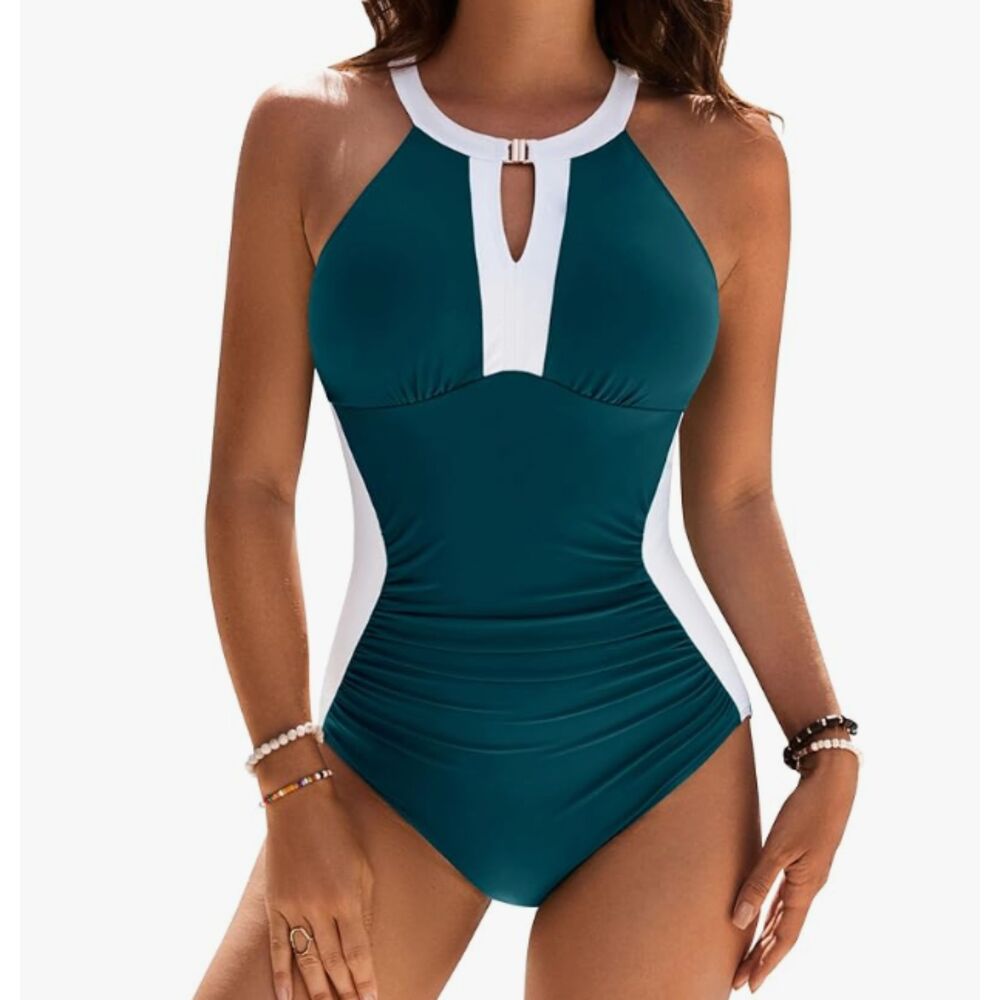 NEW Blooming Jelly Green White Halter One Piece Swimsuit Size L Removable Pads